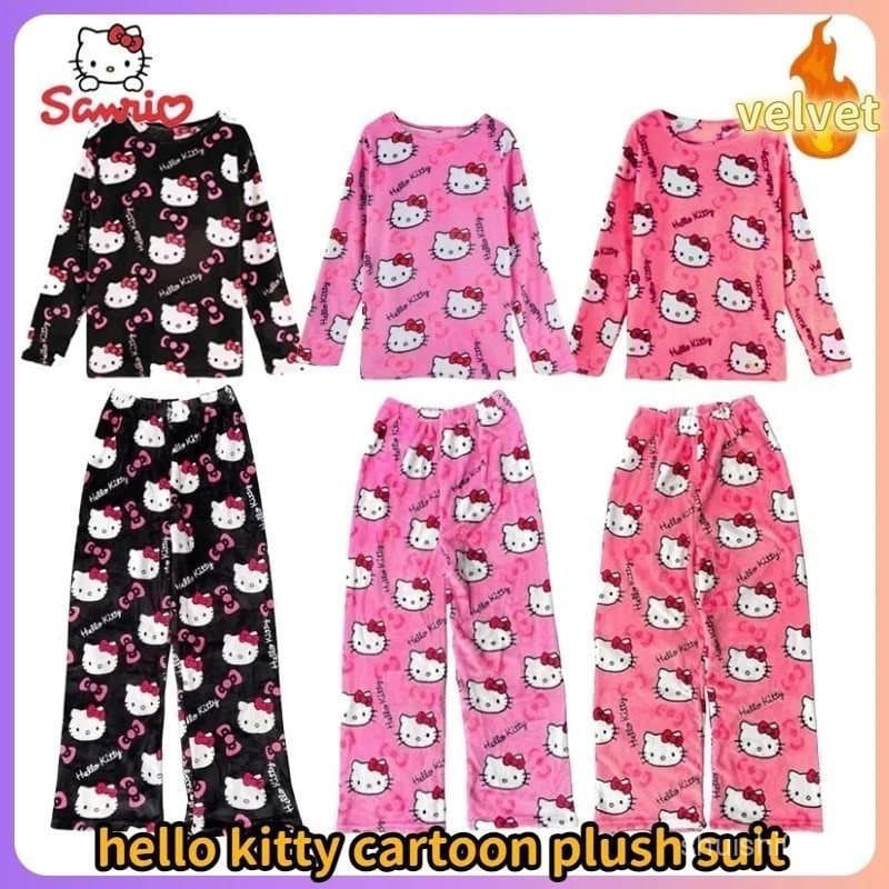 [LIQIYI] 2025 Sanrio Hello Kitty Pijama de flanela feminino terno quente Casual casa calças de manga comprida inverno ta