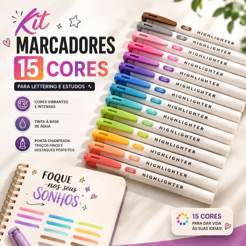 Canetas Marcadores 15 Cores Pastel Ponta Dupla 1,2mm 3,8mm Lettering Desenho Estudo Escolar