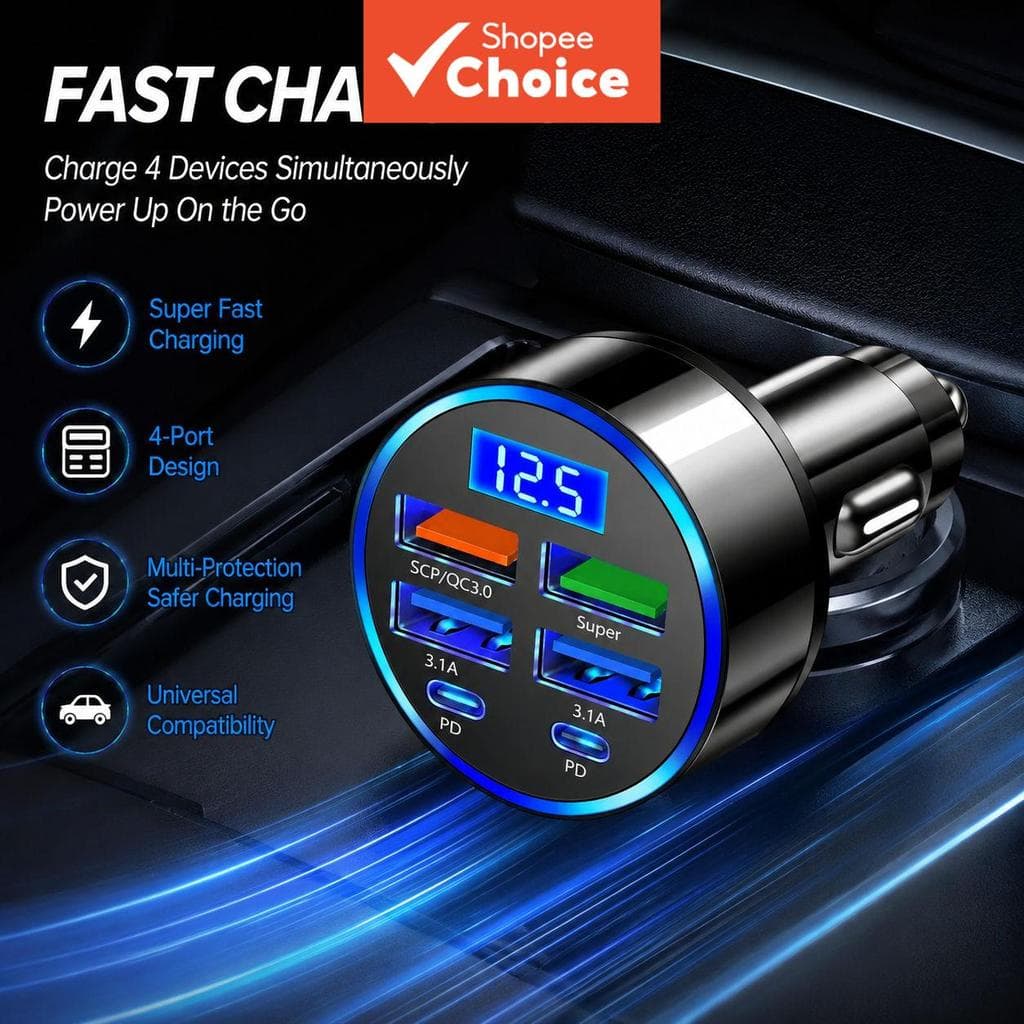 Carregador Veicular USB PD QC3.1 USB C Carregador de Telefone Veicular Tipo C Adaptador para iPhone Samsung Huawei
