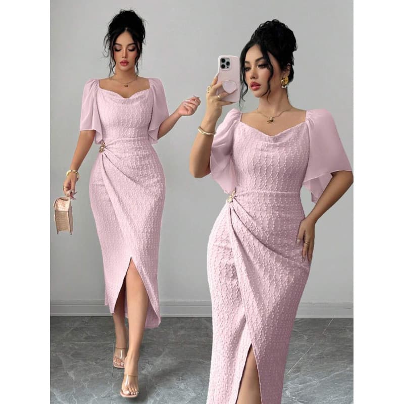 Estoque pronto Envio rápido Europeu americano contraste cor gola oscilante manga folha de lótus vestido elegante feminin