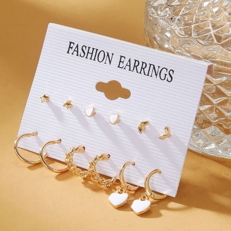 Conjunto De 6 Pares De Brincos De Coração Estrela , Joias Da Moda Em Ouro Preto Para Presente De Uso Diário
