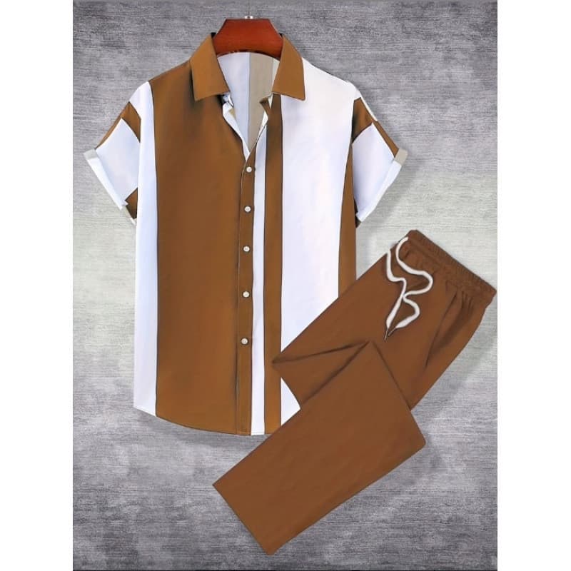 Camisa casual 3D com estampa digital de manga curta para homens, conjunto com calças compridas estampadas, estilo havaia