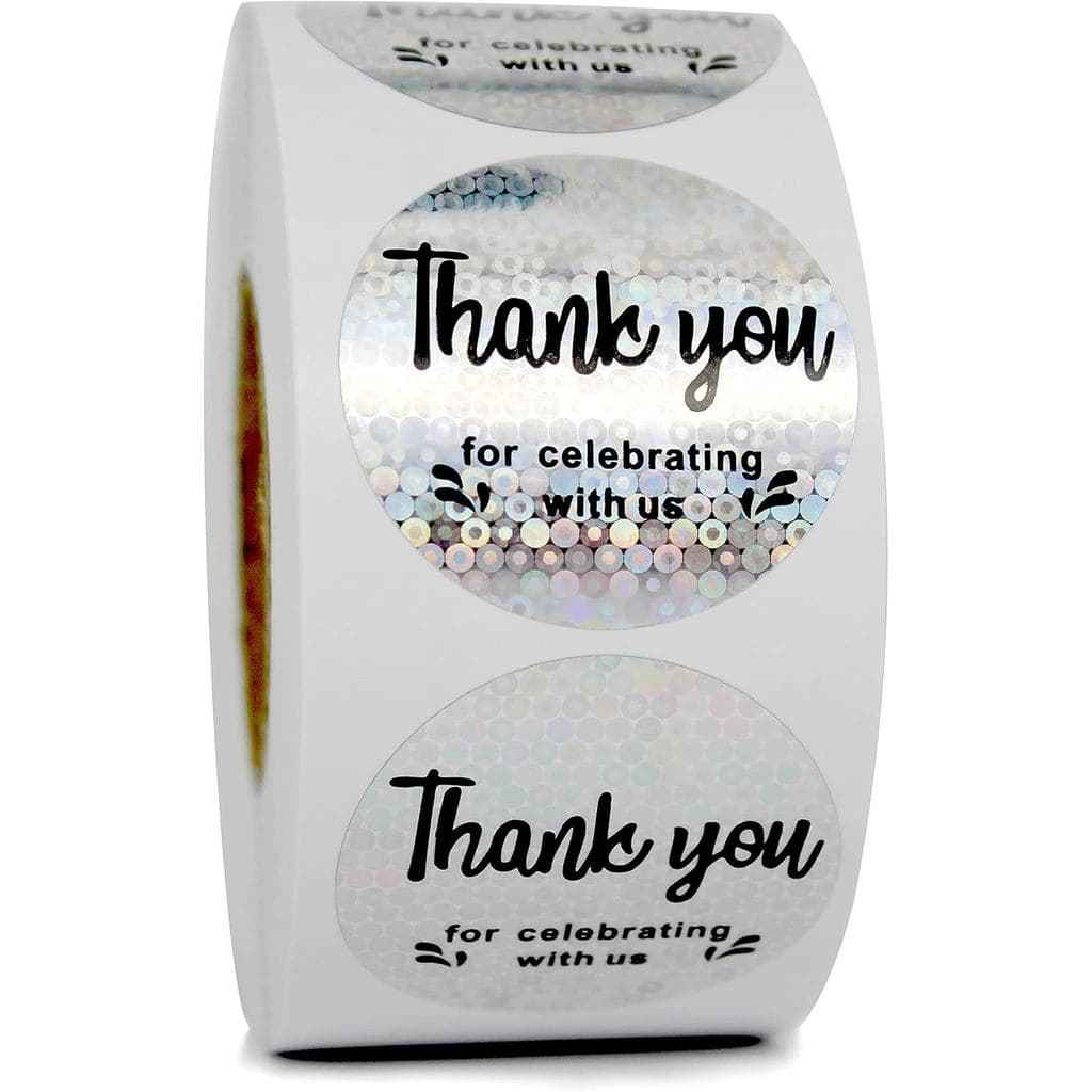 Obrigado por Celebrar Conosco - Rolo de Adesivos com 500 Unidades, Adesivos Redondos de Selagem em Papel Metalizado Prat