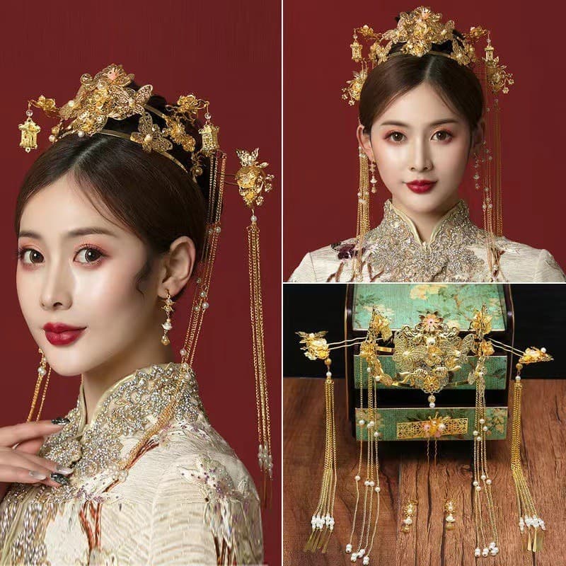 Cocar de casamento nupcial estilo chinês Xiuhe roupas Retro acessórios para o cabelo atmosférico luxo phoenix coroa drag