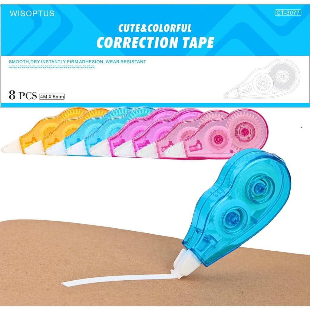 Pacote com 8 Fitas Corretivas, 4m, Mini Fita Corretiva Fácil de Usar, Secagem Instantânea, Resistente a Rasgos e Silenci