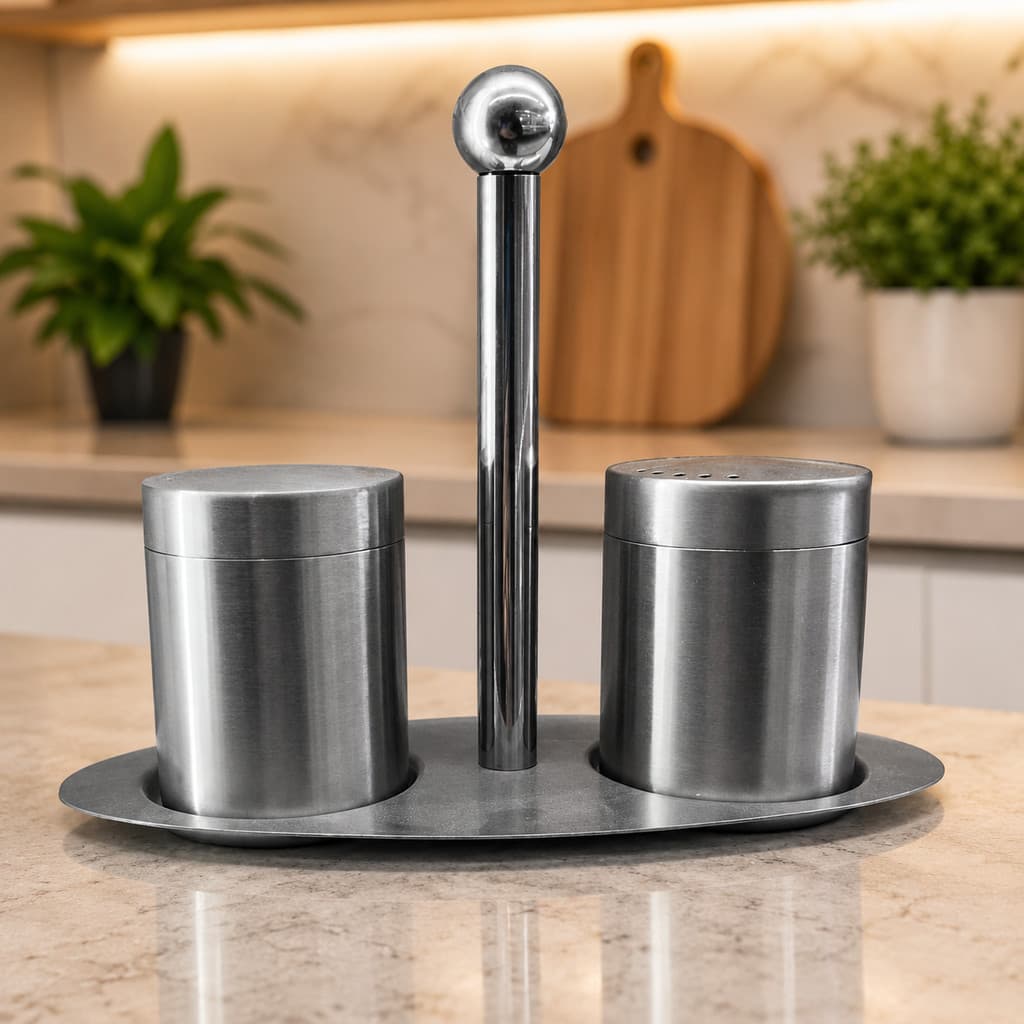Kit Saleiro e Pimenteiro em Aço Inox com Suporte de Mesa Porta Tempero Cozinha