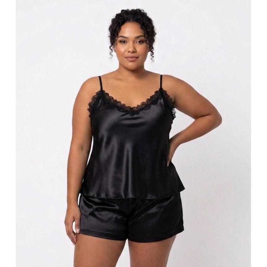Pijama Baby Doll Feminino Cetim com Renda, Alças Finas, Conjunto Short e Blusa, Pijama Feminino Luxo, Confortável