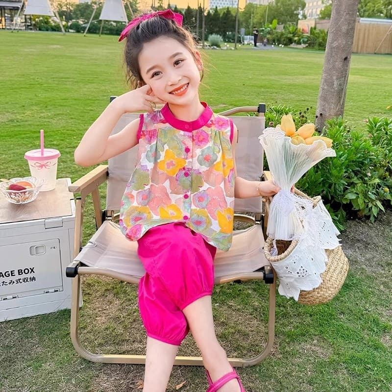 Meninas verão sem mangas colete conjunto 2026 novo estilo bebê estilo ocidental calças verão de duas peças estilo corean