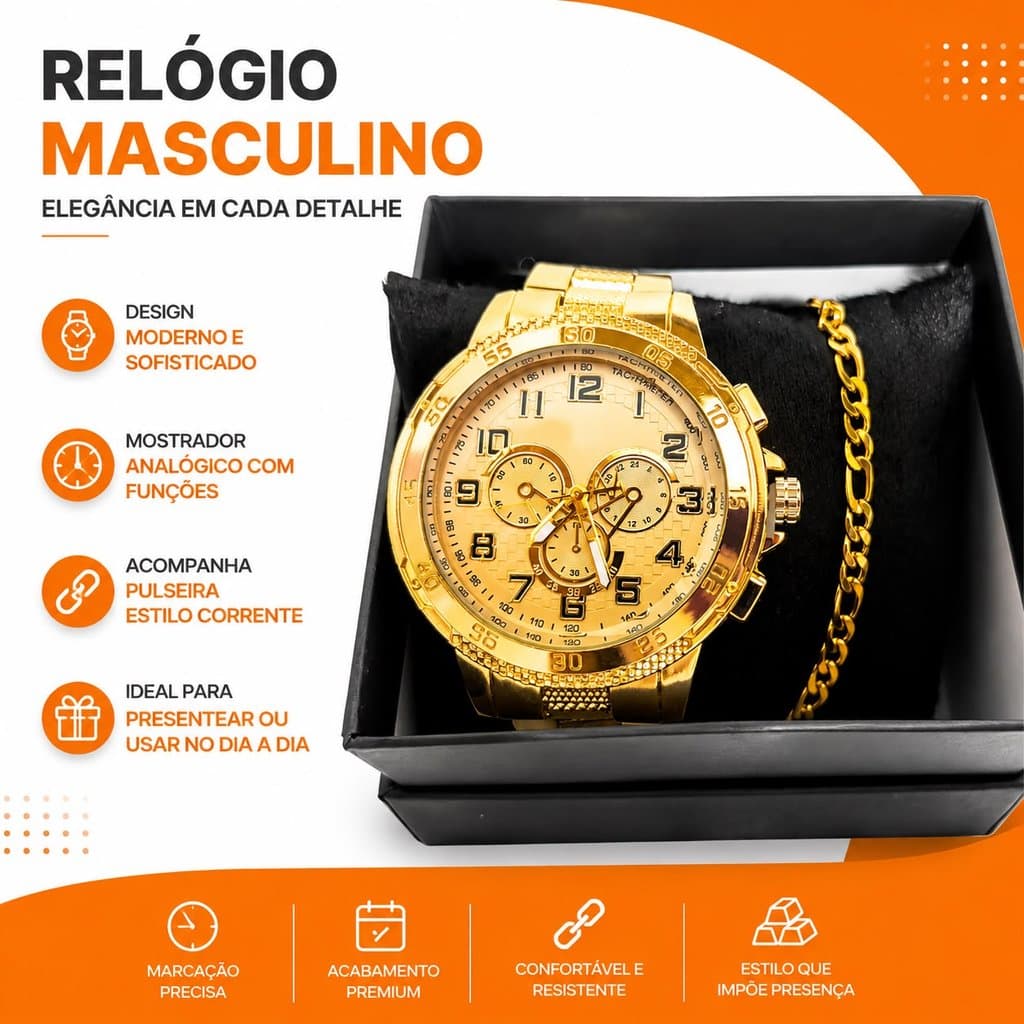 Relogio Masculino Aço Inox Luxo + Caixa + Pulseira Premium