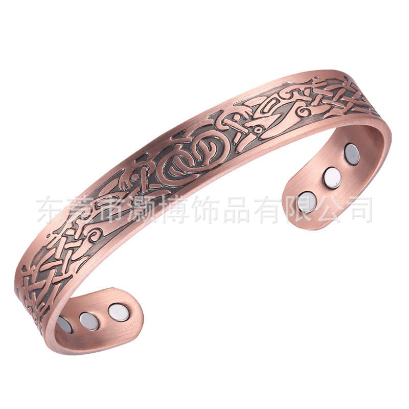 Pulseira magnética aberta de cobre vermelho, design em estilo nórdico viking, pulseira vintage gravada para homens.