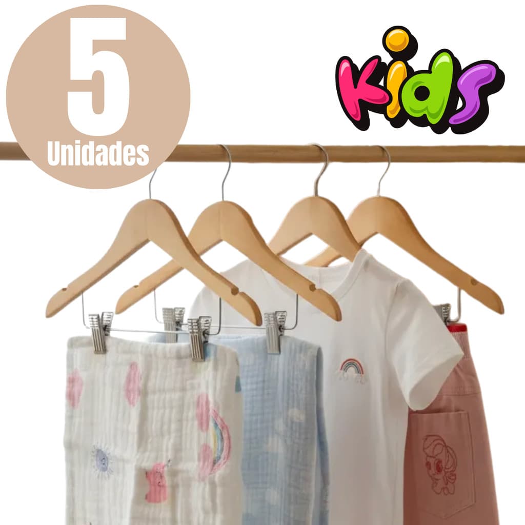Kit 5 Cabides Infantil Madeira Presilha Marfim Verniz Roupa
