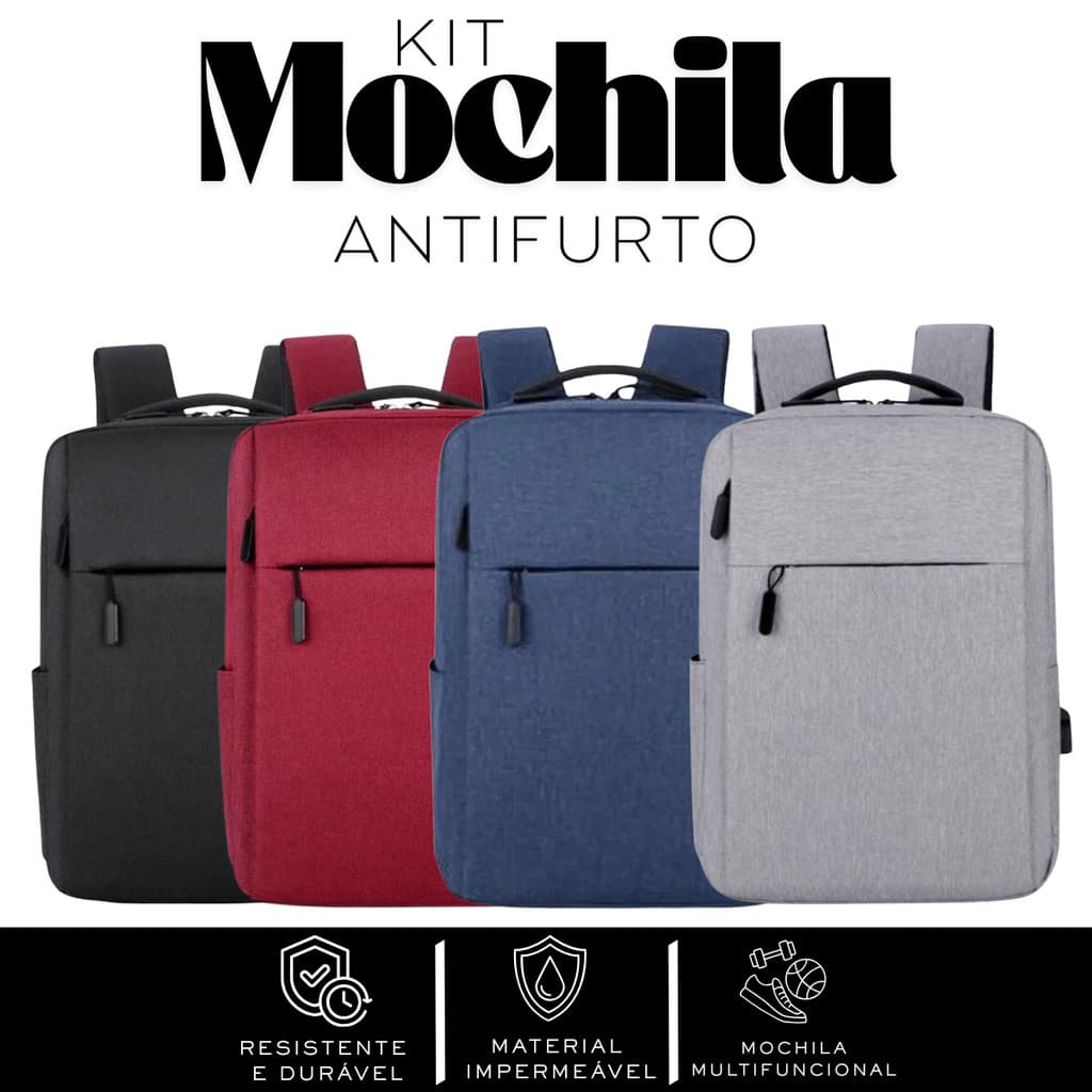 Kit 2 Mochilas Antifurto Unissex Multifuncional com Compartimento para Notebook e Cabo USB