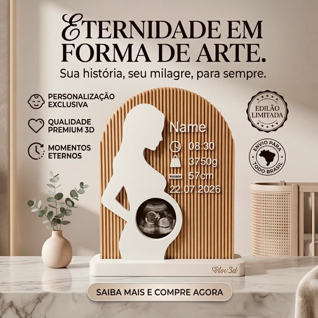 Quadro Maternidade Personalizado Gestante 3D Para Foto Ultrassom e Dados do Nascimento Memento Eterno