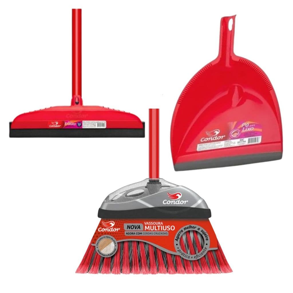 Kit Vassoura Varre Facil + Rodo 30cm + Pá de Lixo Condor