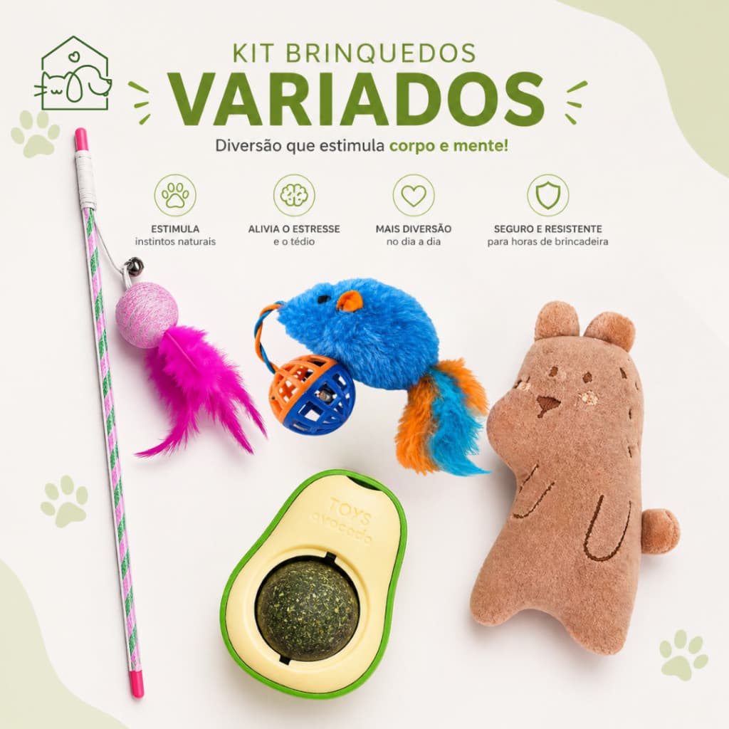 Brinquedos para Gatos Variados 4 Peças Catnip Pelúcias e Varinha