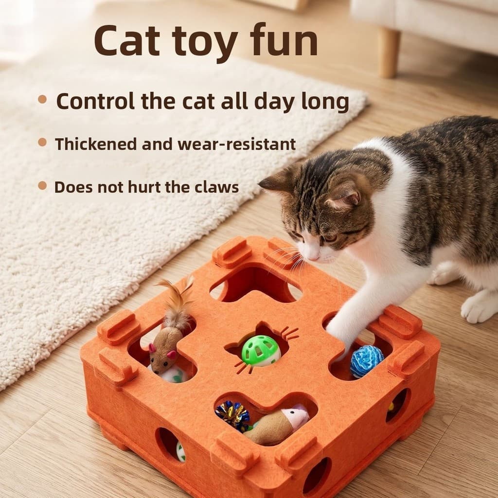 Placa para arranhar gatos 2 em 1 (caixa de brinquedos + 1 bola de brinquedo com sino de cor aleatória) Auto-feliz, alívi