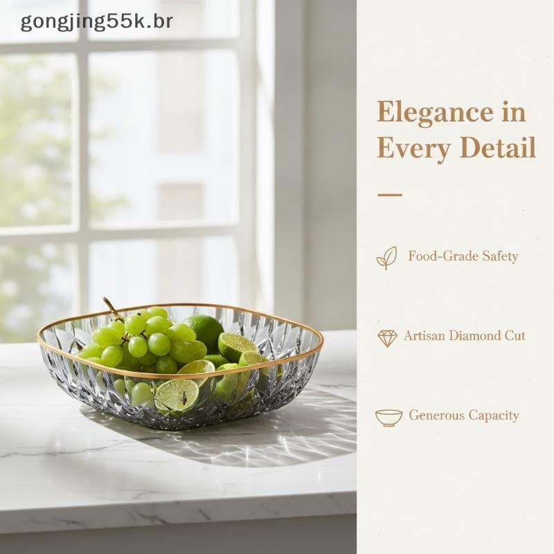 gon Tigela De Frutas De Cristal , Resistente A Estilhaços , Borda Dourada , Textura De Corte De Diamante , Grande Capaci
