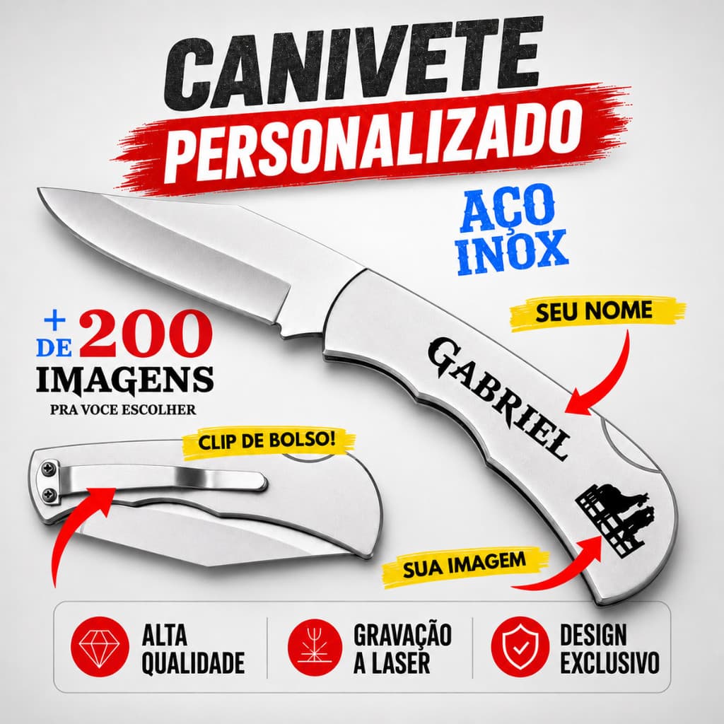 Canivete Personalizado Inox Clip Presilha De Bolso Seu Nome Logo Laser Envio Já