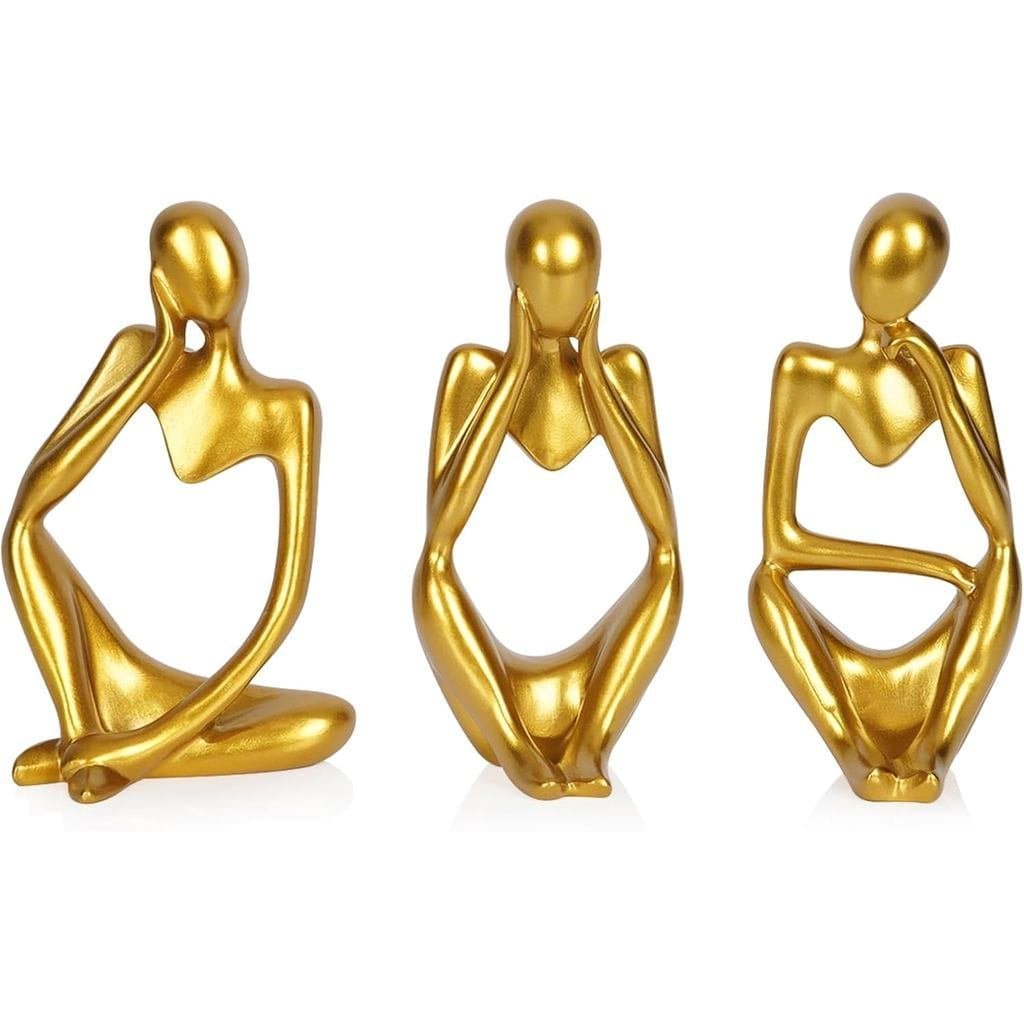 Escultura Abstrata Estilo Estátua do Pensador em Resina de Arenito, Dourada, 3 peças |   Pequenas Estátuas Colecionáveis