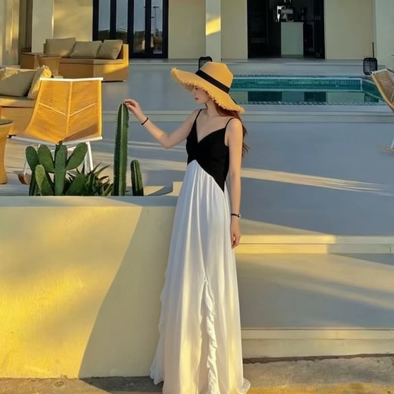 Vestido elegante estilo férias francês preto branco combinando com estilingue