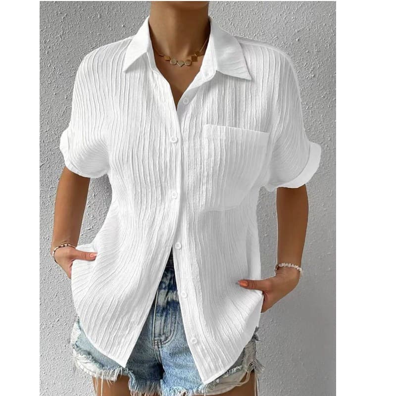 Camisa Cardigan Manga Curta Lapela Manga Raglan Bolso