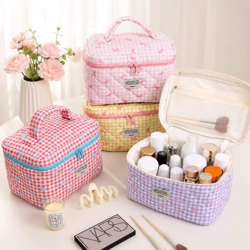 Bolsa de Maquiagem Multifuncional de Grande Capacidade para Viagem com Estampa Xadrez Essencial