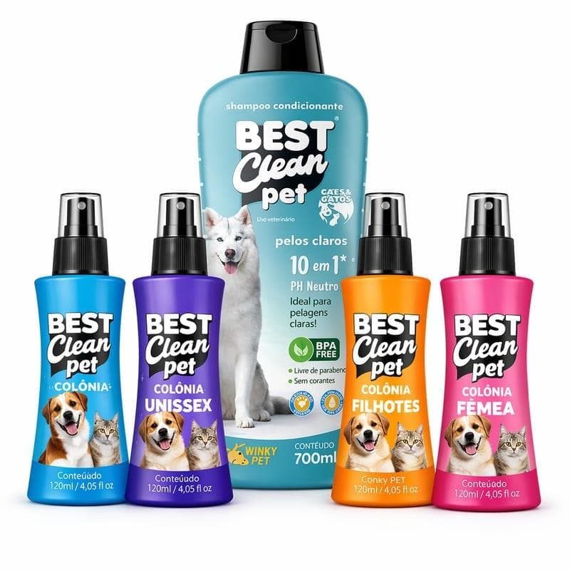 Kit Shampoo Condicionante Best Clean Pet 10 em 1 700ml + Colônia 120ml para Cães e Gatos, pH Neutro, Sem Parabenos