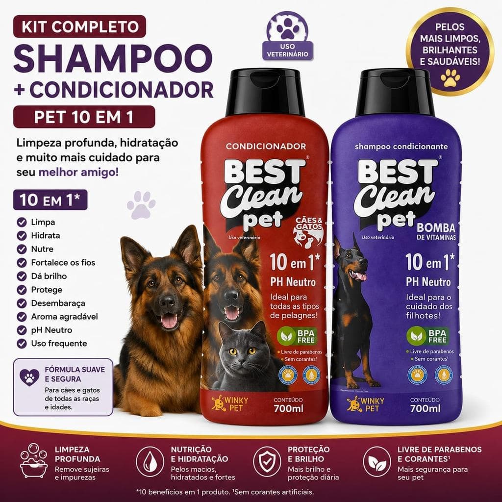 Kit Shampoo Bomba de Vitaminas 10 em 1 + Condicionador Pet 700ml - Best Clean Pet, Colônia 120ml, PH Neutro