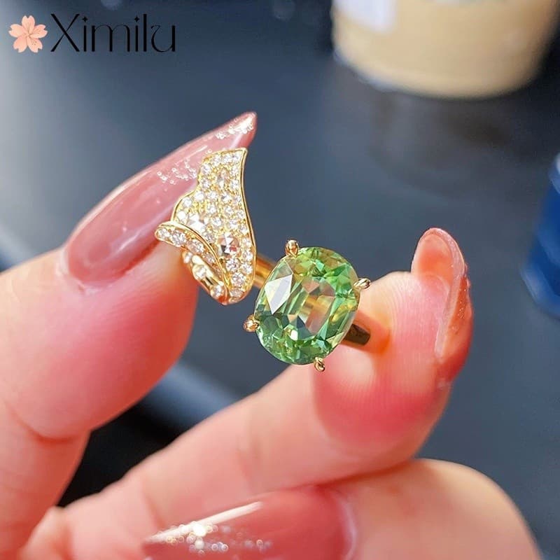 ♥ Original cheio de diamante asas de anjo verde oliva cristal banhado a ouro anel feminino moda jóias