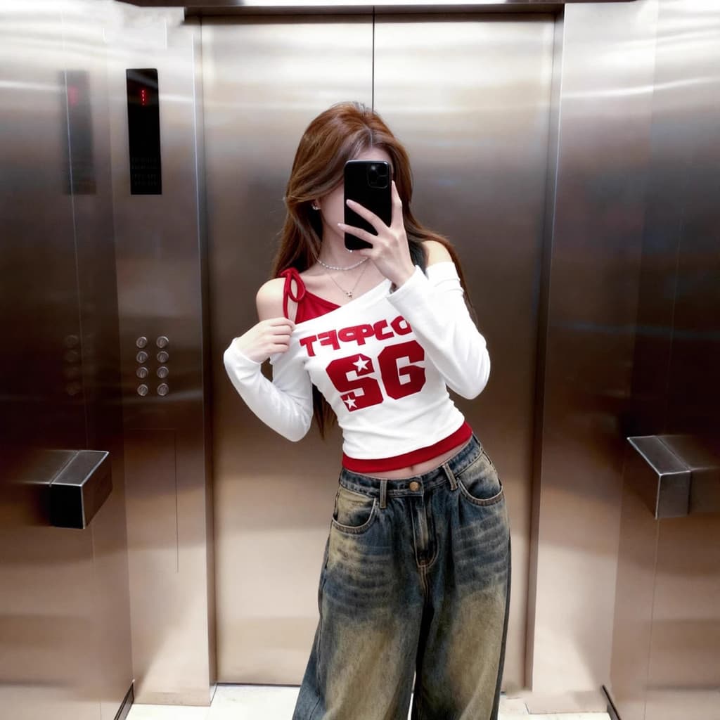 Camiseta Feminina De Manga Comprida Com Gola Redonda E Estilo Retrô Americano