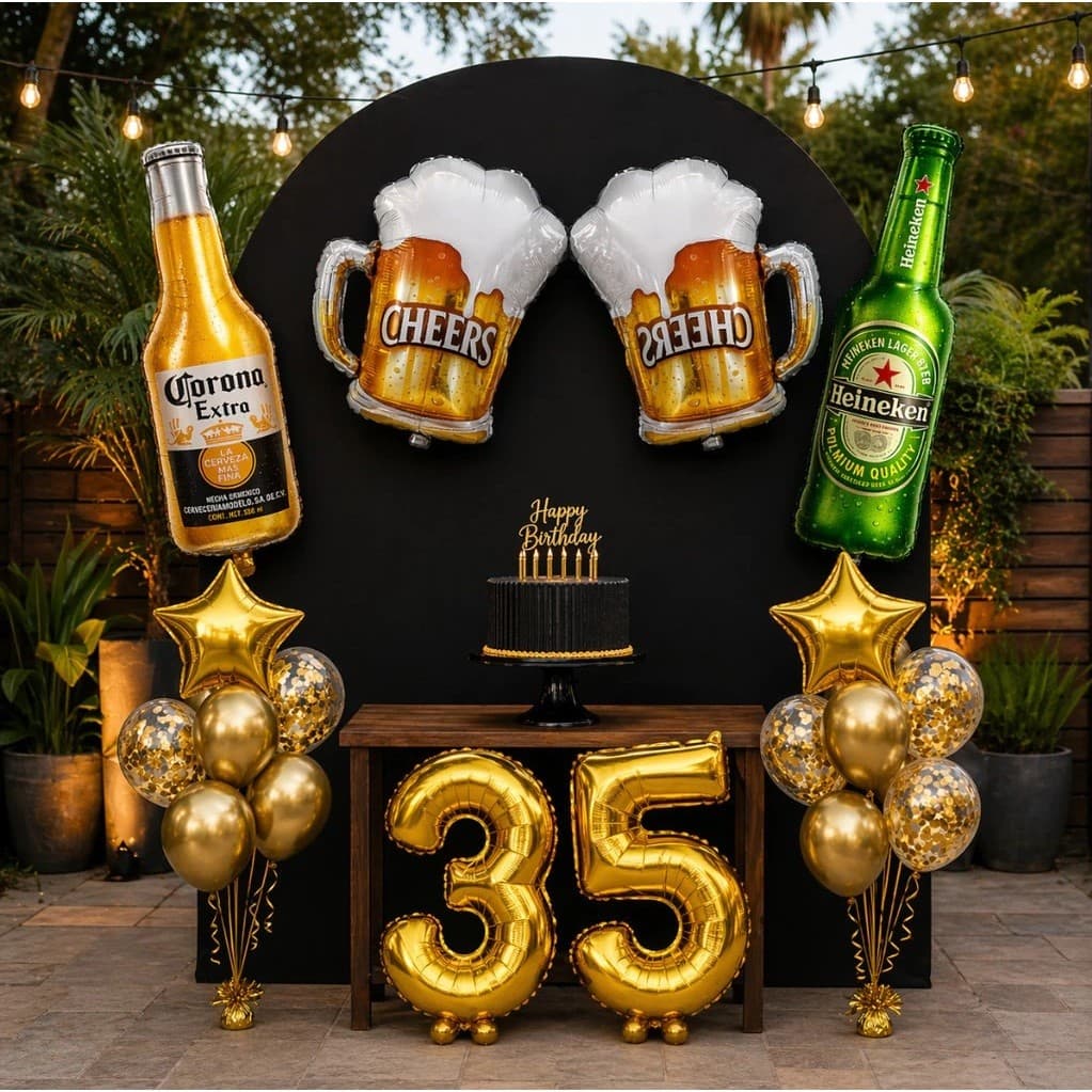Kit 16 Decoração Festa Boteco Completo Balões Cerveja Dourado + Números 32 Polegadas Aniversário Masculino