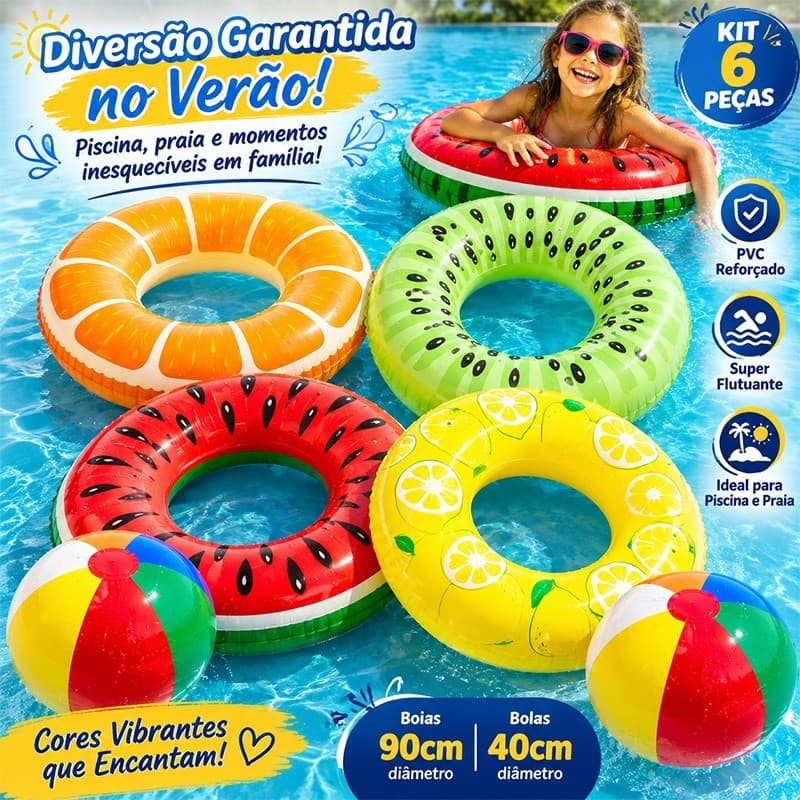 Kit 6 Peças Boia Inflável Frutas Gigantes 90cm Boia Grande Para Piscina + Bola Praia 40cm Verão Infantil Adulto