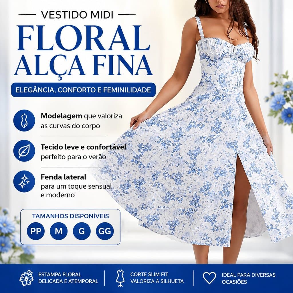 Vestido Midi Floral Feminino Alça Fina Com Fenda Lateral Justo Verão PP M G GG