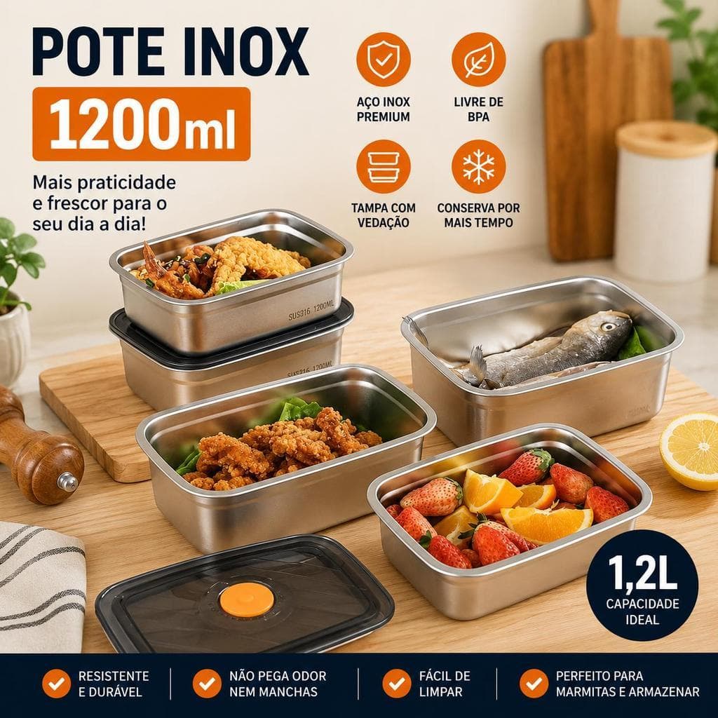 Pote Inox Para Organização De Geladeira 1200ml Pote para Marmita Refeições Rapidas Muito Prático Casa