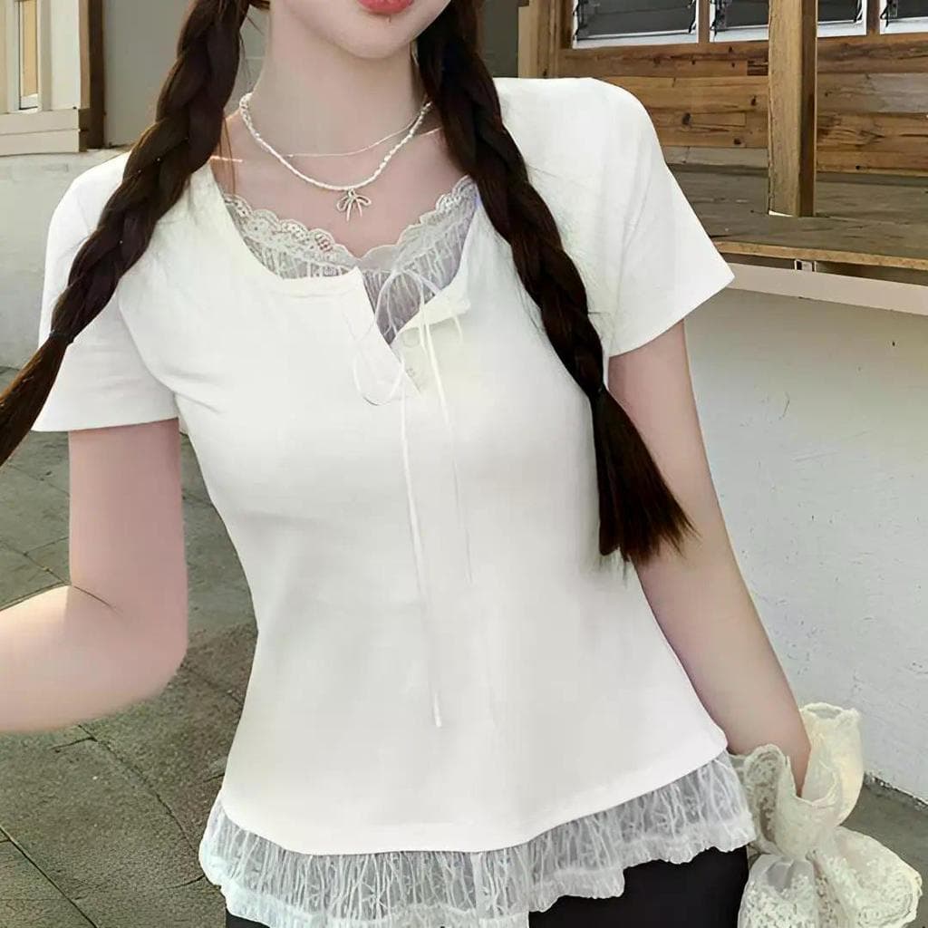 Novo estilo verão versão coreana Plus Size roupas femininas fresco simples puro lindo estilo Commuter costura renda fals