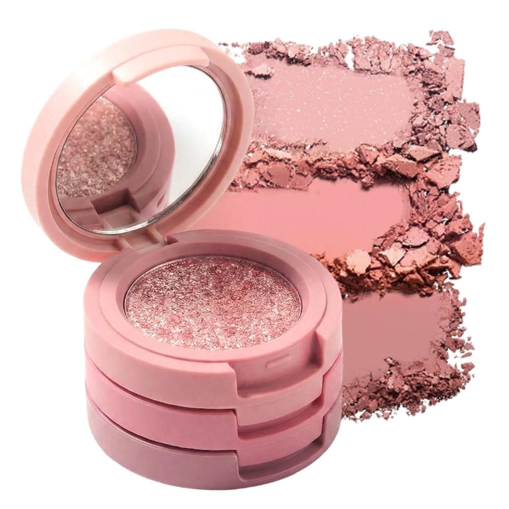 Paleta de Sombras 3 em 1, Novo Trio de Sombras Multi Coetics 2026 com Espelho, Trio de Sombras em Pó Rose Macaron com Ta