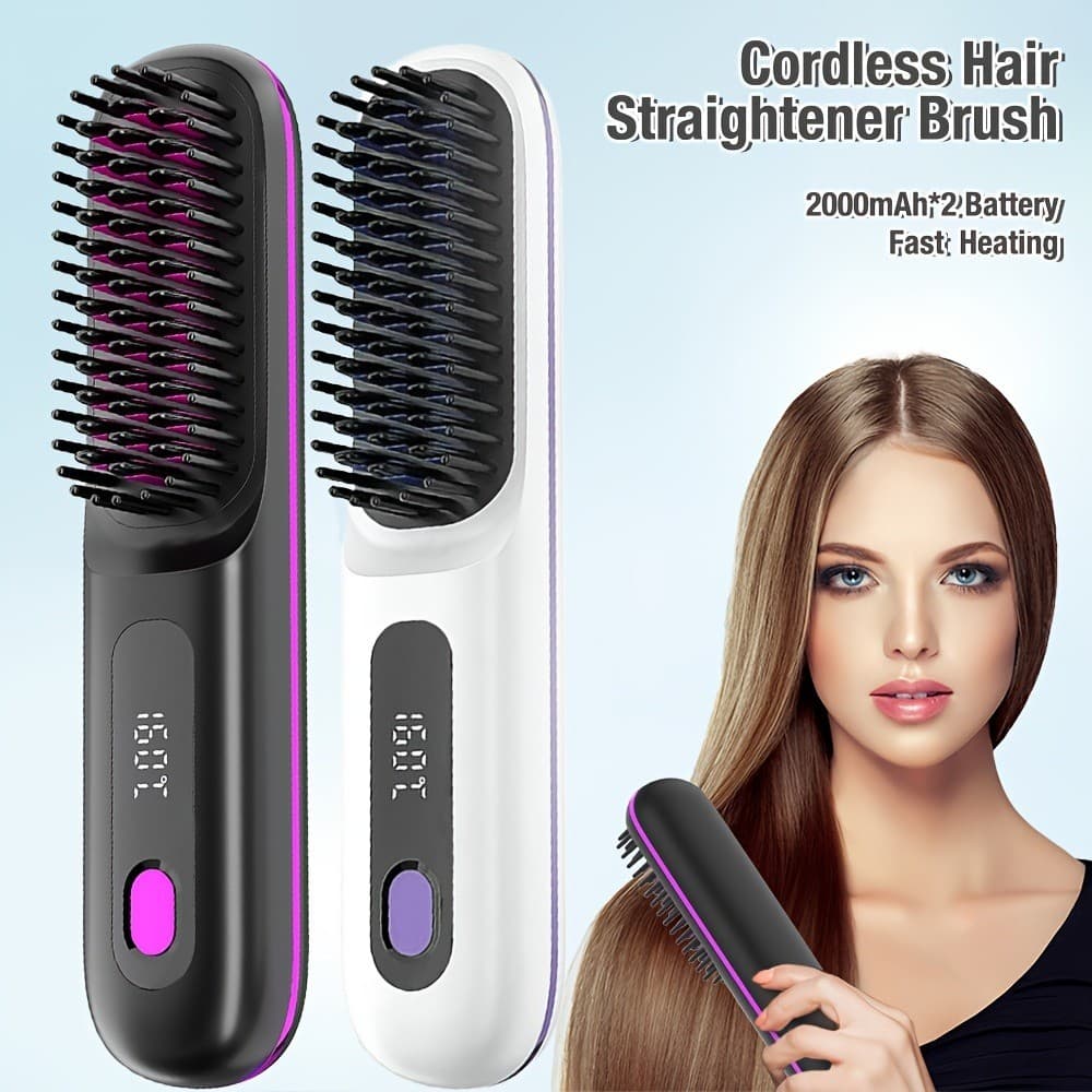 Escova Alisadora De Cabelo Sem Fio , Aquecimento Rápido , Alisador Pente Quente Para Mulheres , Leve , Porta De Carregam