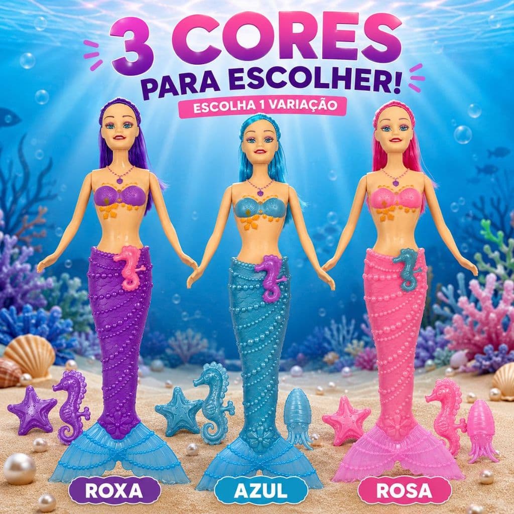 Boneca Sereia Com Luz Na Cauda 32cm Acessórios Marinhos