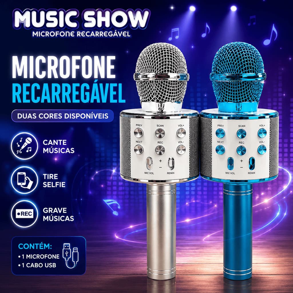 Microfone Infantil  Karaokê Bluetooth Recarregável com Gravação Selfie Portátil USB Prata e Azul