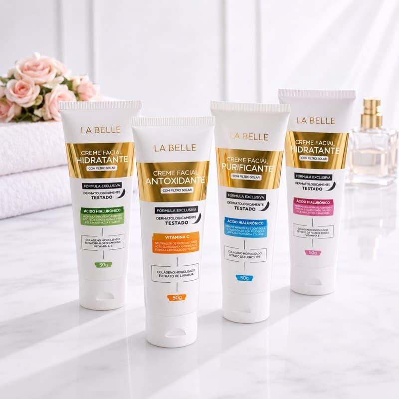 Kit Skincare Completo La Belle 4 Cremes Faciais Ácido Hialurônico Vitamina C Hidratação Limpeza e Renovação da Pele