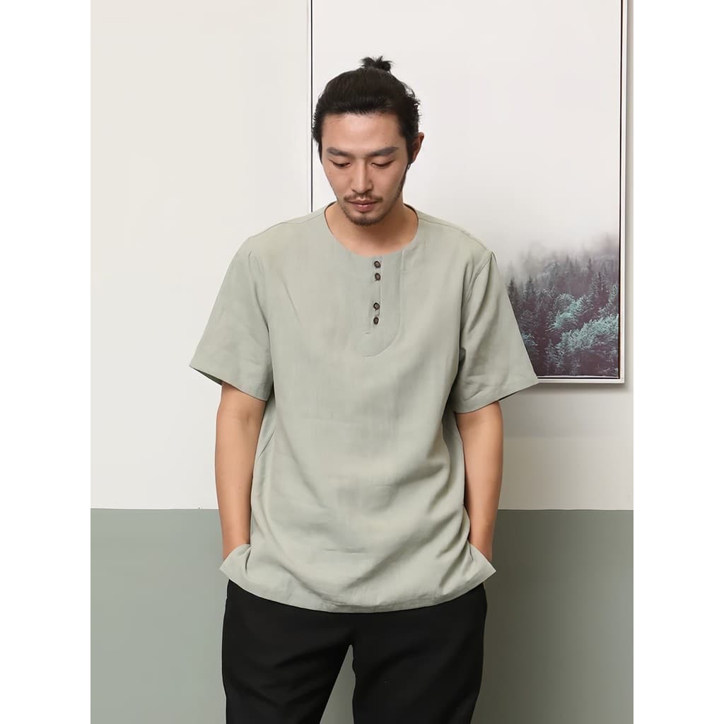 Nan linho estilo chinês camiseta masculina Ramie de manga curta estilo fino camisa de verão de linho completo em torno d