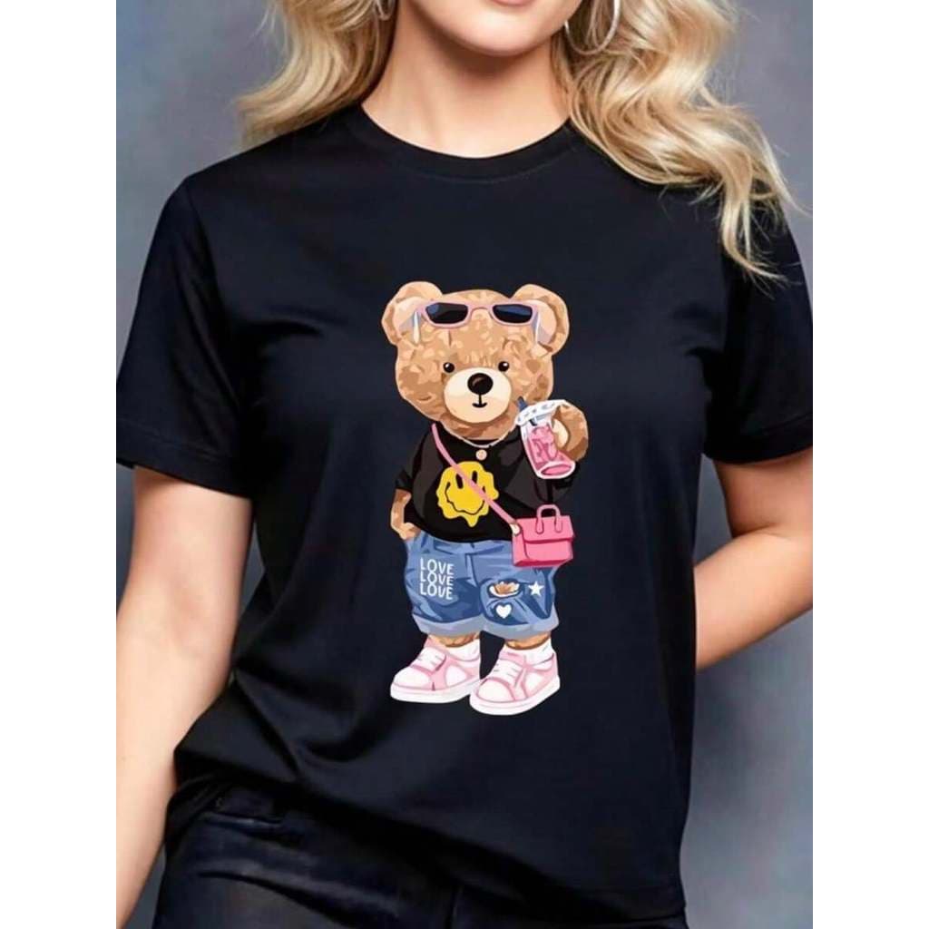Camiseta Feminina Fofa Bonita Estampada Modelo 100% Algodão: Ursinho Super Estiloso - TShirt Confortável