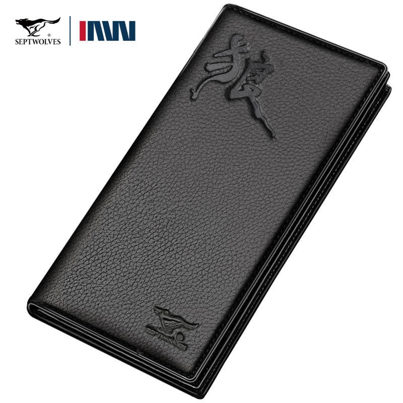 Sete lobos carteira longa masculina de couro genuíno juventude primeira camada carteira de couro carteira masculina negó