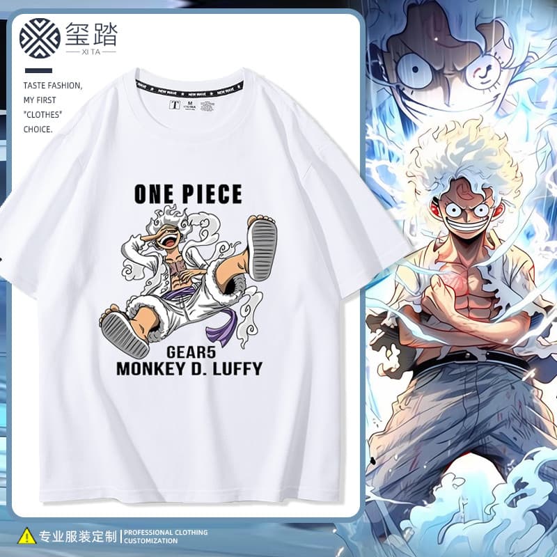 Camiseta masculina de mercadoria de Anime de uma peça Luffy Five-Gear Nika de manga curta ins na moda Casual meia manga