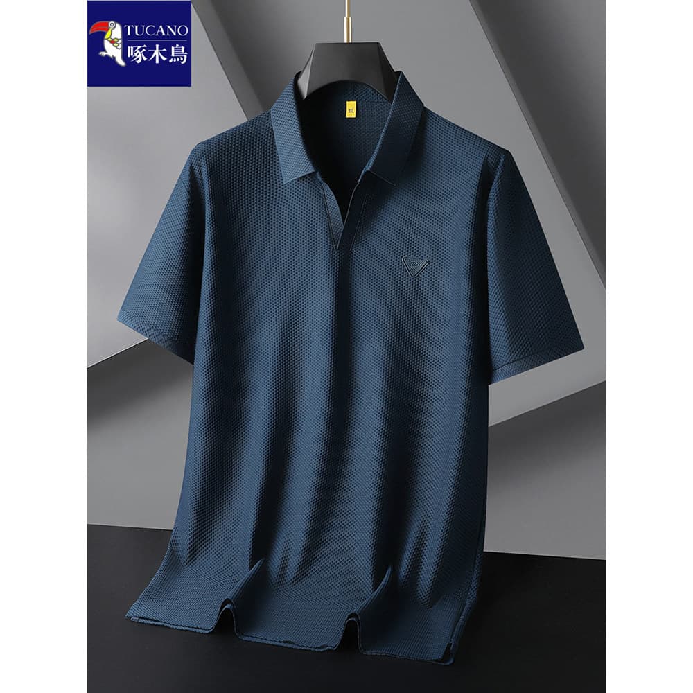 Woodpecker tamanho Extra grande lapela masculina de manga curta camiseta verão solto alta elástica respirável gordura me