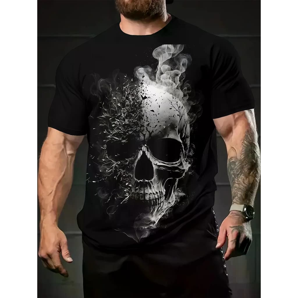 Camiseta Masculina Smoke Skull Print Manga Curta Gola Redonda Gótica Rua Casual