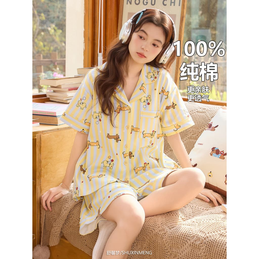 Pijamas femininos 2026 novo estilo verão puro algodão Cardigan de manga curta estilo fino algodão respirável pode usar f