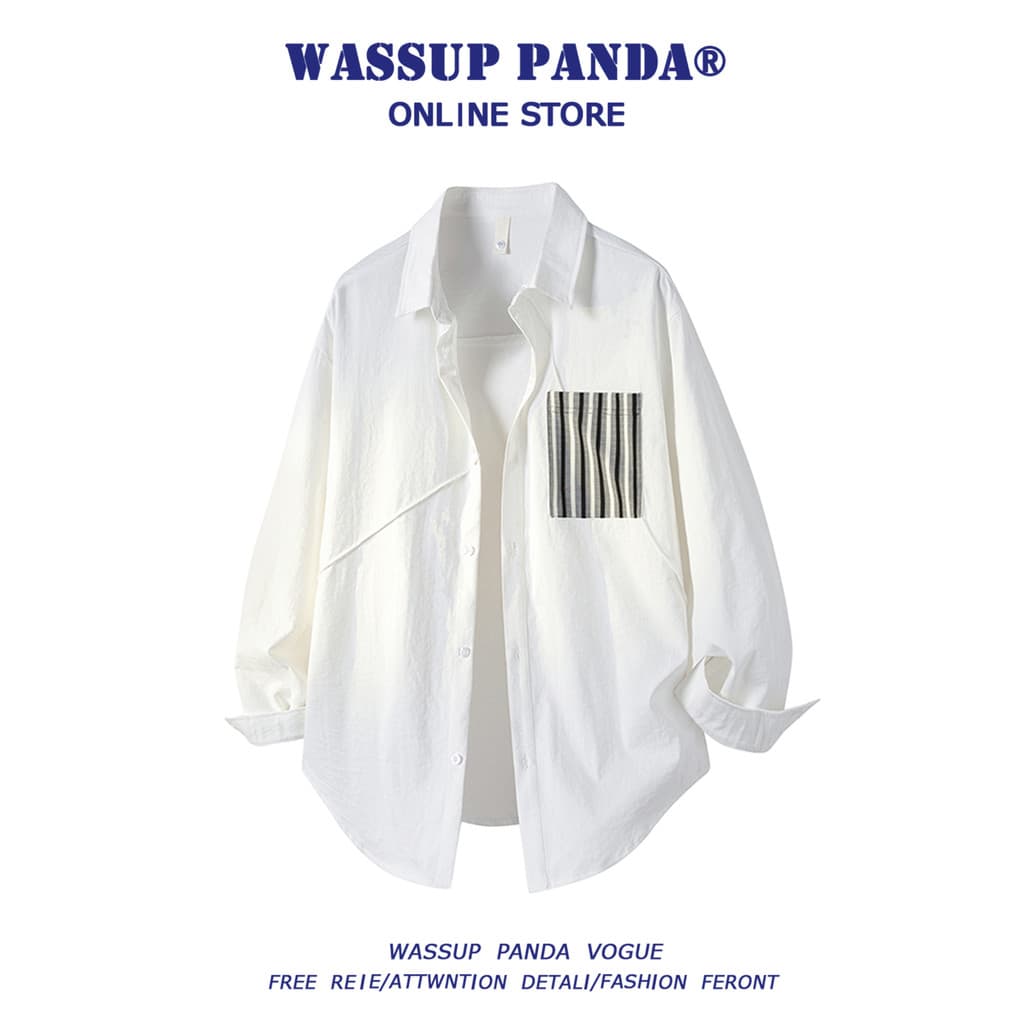 WASSUP PANDA Estilo Americano Costura Listrada Lapela Camisa Masculina Outono Simples Na Moda Solta All-Match Camisa Rou