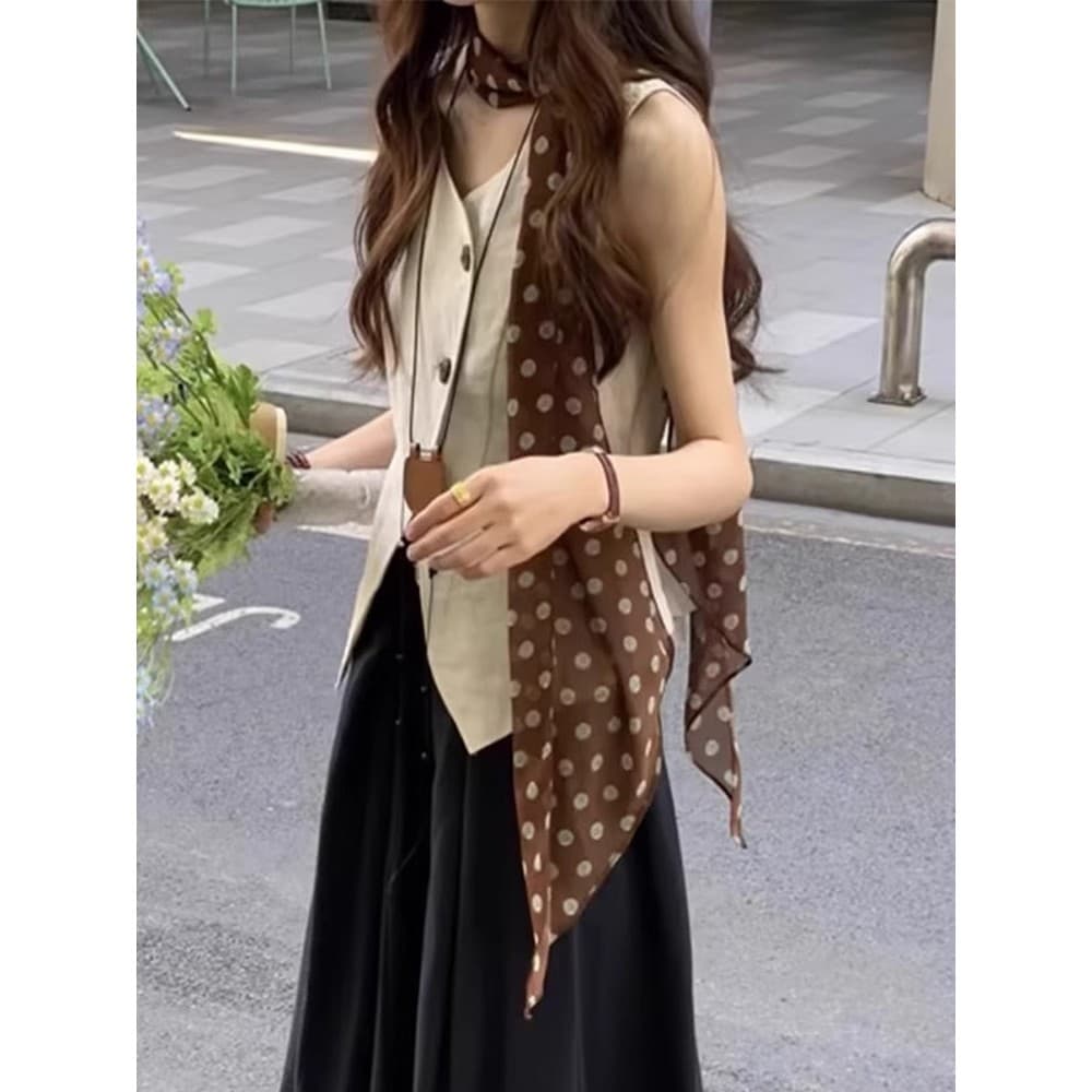Francês Retro marrom bolinhas lenço de seda feminino verão fino longo tira cachecol pescoço Streamer acessórios camisa c