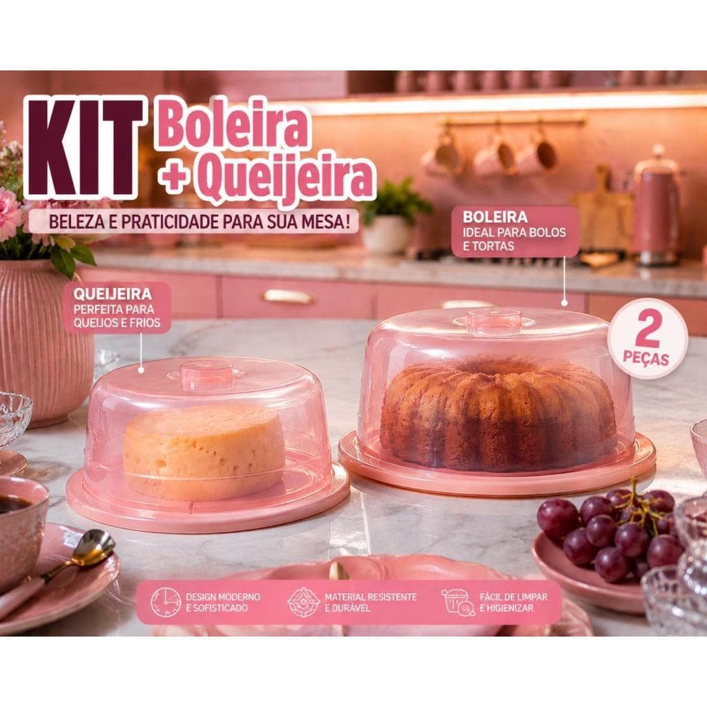 KIT BOLEIRA + QUEIJEIRA ROSA 2 PEÇAS PARA BOLO TORTA QUEIJO E FRIOS
